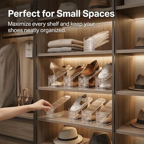 14 Pack Shoe Slot Organizer Space Saver, Adjustable 3-Height Levels Shoe Stacker for Closet Storage, Double-Layer Shoe Slots Rack Holder for Sneakers, Heels & Flats