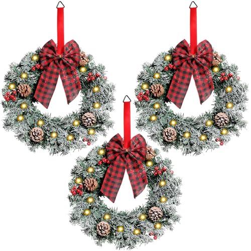 Geosar 3 Pcs LED Christmas Wreaths 13.8 with Bow Pine Cone Berry, Frosted
