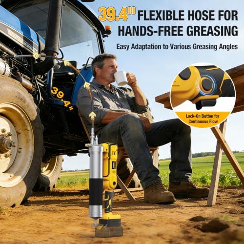 2-IN-1 Cordless Grease Gun for De-Walt 20V Battery, 12000PSI Electric Grease Gun Kit with Lock-On Trigger, LED Light, 39.4 Hose Work with Bulk &Cartridge Grease for Truck, Farm Equipment (No Battery)