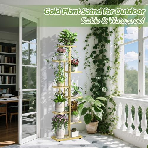 8 Tier 9 Potted Gold Plant Stand Indoor with Gardening Tools and Gloves, Tall Metal Corner Plant Shelf Organizer Outdoor, Multiple Flower Pot Holder Display Rack for Patio, Garden, Balcony