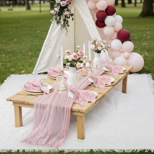 118 x 71 Extra Large Outdoor White Picnic Blankets with Pink Tulle Table Runner Cheesecloth Napkins Plush Throw Pillow Covers Oversize Beach Blanket Essentials for Wedding Picnic Camp(Stylish,14)