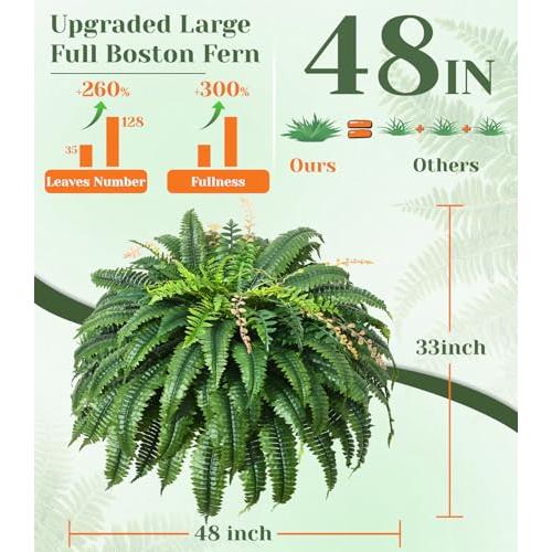 MARTINE MALL 2Pcs 48''/128 Leaves Artificial Ferns for Outdoors Look Real Fake Ferns, Large Faux Boston Ferns for Outdoor Planter Realistic UV Resistant Artificial Fake Plants for Porch Patio Hanging