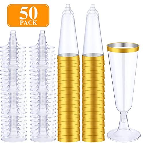 Thenshop 50 Pcs Plastic Champagne Flutes Disposable Champagne Glasses Bulk 5.5 oz Clear Mimosa Cocktail Cups with Rim Detachable Glasses for Wedding Party Birthday Anniversary(Gold, Clear)