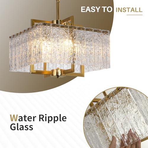 Size 16 Gold Chandeliers for Dining Room, 16 Square Modern Adjustable Pendant Lights for Kitchen Island,Crystal Light Fixture for Entryway Over Table