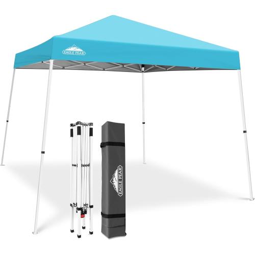 EAGLE PEAK 10x10 Slant Leg Pop-up Canopy Tent Easy One Person Setup Instant Outdoor Beach Canopy Folding Portable Sports Shelter 10x10 Base 8x8 Top (Light Blue)