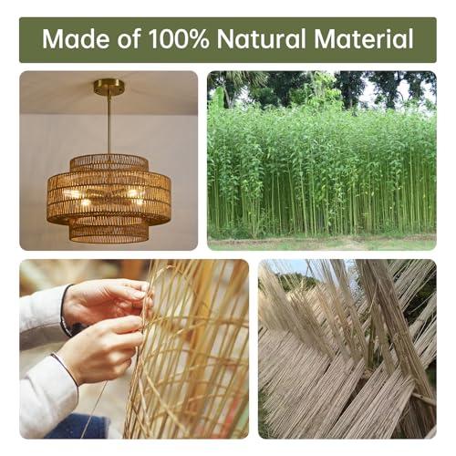 4-Light Boho Rattan Chandelier Light Fixture, 17.7” Hand Woven Rustic Chandeliers Farmhouse Chandelier Hanging Light for Dining Room Kitchen Island, Living Room, Foyer