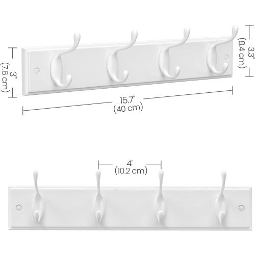 SONGMICS Wall-Mounted Coat Rack, Hook Rack, 4 Dual Metal Hooks, for Coats, Bags, Keys, in the Entryway, Bedroom, Living Room, White ULHR23WT