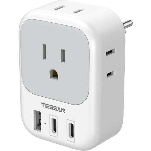 TESSAN Switzerland Travel Plug Adapter, Type J Switzerland Power Adapter with 4 Outlets 3 USB (2 USB-C), Swiss Plug for US to Rwanda Jordan Liechtenstein Madagascar, Travel Essentials