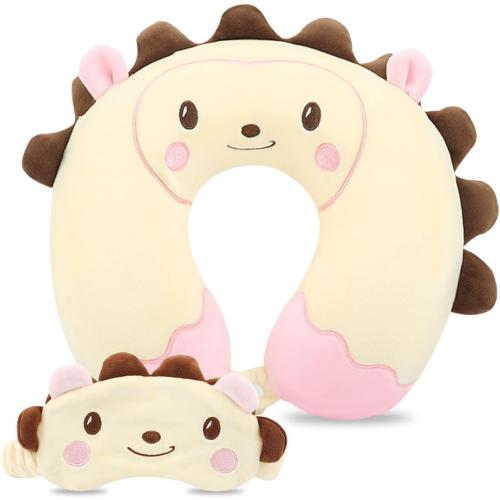 Sexysamba Travel Pillow for Kids Adults with Sleep Eye Mask Cute Cartoon U Shaped Memory Foam Neck Pillows for Travel Head Rest & Neck Support for Airplane, Car, Office Sleeping, Cream Hedgehog