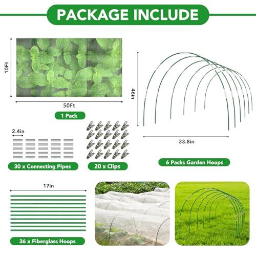 Garden Netting Kit for Raised Beds, 10x50FT Ultra Fine Mesh Netting ＆6 Sets Fiberglass Garden Hoops, Insect Netting for Garden Plant Row Cover Vegetable Flowers Protection Barrier