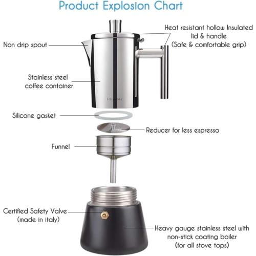 Easyworkz Diego Stovetop Espresso Maker Stainless Steel Italian Coffee Machine Maker 12Cup 17.5 oz Induction Moka Pot