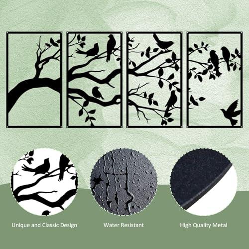 ruelen Wall Decor 4 Pieces Large Metal Birds and Branch Wall Art, Tree of Life Metal Wall Art, Black Leaves with Birds Silhouette Hanging Wall Sculpture For Indoor Home Bedroom Living Room Outdoor