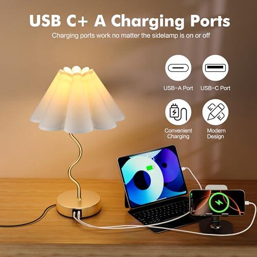 Small Table Lamp Pleated Table Lamp 3 Way Dimmable Touch Lamps for Night Stands with USB C A Ports Bedside Nightstand Lamp Morden Desk Lamp for Bedroom Home Kitchen Living Room Kids Room Nursery