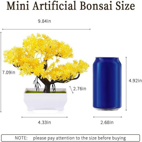Mini Artificial Bonsai Tree with Cement Pot Home Decor, Yellow