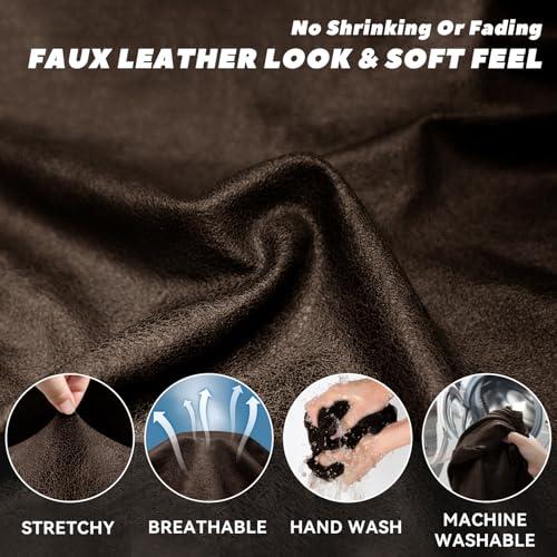 Chair Slipcover with Armrest Pockets 2-Piece Set, Stretch Faux Leather Chair Cover for Armchairs(Fits 31-45) - Non-Slip, Machine Washable, Pet & Kid Friendly - Dark Brown