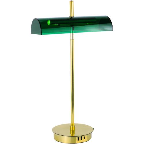 Bankers Modern Desk Lamp, Elevate Your Space with 3-Port Fast Charging Station (A  C USB Ports), Emerald Acrylic Lampshade, Satin Brass Finish. Old Classic with Modern-Inspired Design