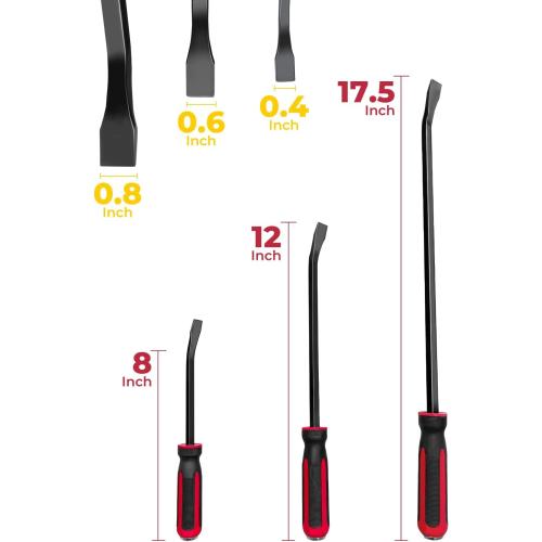 Black and Red ROTATION Pry Bar Set, Strike Cap Handle, Angled Tip, Rust proof finish, Machanic Tools for prying, scraping, lifting, pulling | 3pcs Hand Tools Set