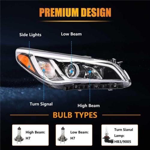 Right Headlight Assembly for 2015 2016 2017 Hyundai Sonata, Passenger Side Halogen Headlamp with Clear Lens Black Housing Amber Reflector (with Bulb), 1 PC, 92102-C2000 92102C2000 HY2503183