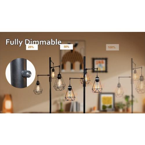 69 Industrial Tree Floor Lamp with Stepless Dimming - Adjustable Cage Shades & weighted Base, Vintage Dimmable Standing Light for Living Room/Office, 3x Edison Bulbs Included (Farmhouse Rustic)