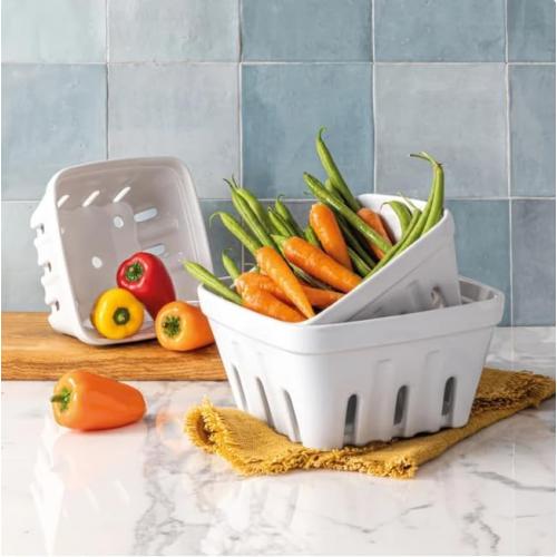 Over&Back 3-Piece Multipurpose Berry Baskets (White) - Stackable Stoneware Fruit Bowls with Integrated Colander Strainer Holes - Farmhouse Kitchen Decor, Reusable Produce Saver