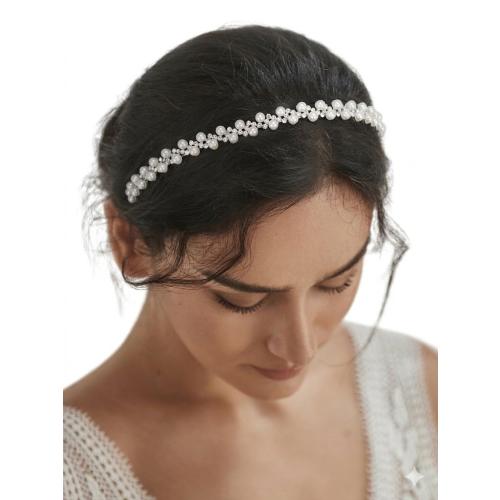 SWEETV Pearl Bridal Headband Handmade Wedding Headbands for Women Silver Rhinestone Hair Band Bridal Headpieces for Wedding Hair Jewelry Accessories