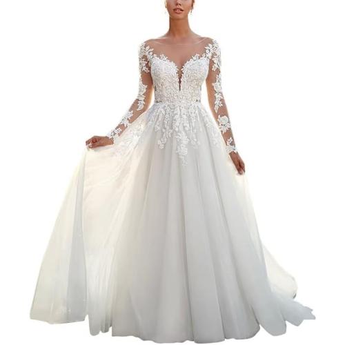 MeiLiqe Lace Appliques A-Line Wedding Dresses for Bride 2026 Beach Bridal Gowns with Train size small