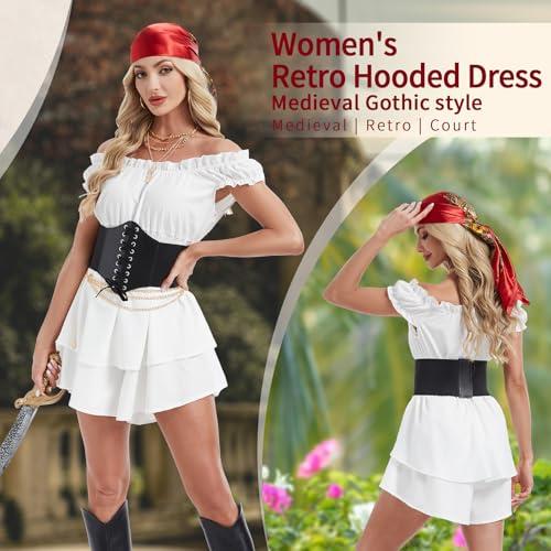GYQMBT 5PCS Women 2XL Pirate Costume,Renaissance Romper Style Dress with Pirate Bandana Corset Accessories for Halloween Cosplay.
