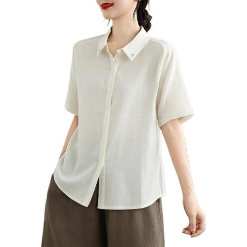Size3XL -Women's Fashion Solid Button Down Shirts Lapel Short Sleeve Casual Cotton Linen Blouse Summer Cool Comfort Tops