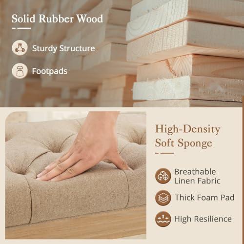 LUE BONA Upholstered Fabric Vanity Bench Seat, Makeup Stools for Vanity, Square Tufted Ottoman Bench with Carved Wood Color Legs for Bedroom Living Room, Wheat Color
