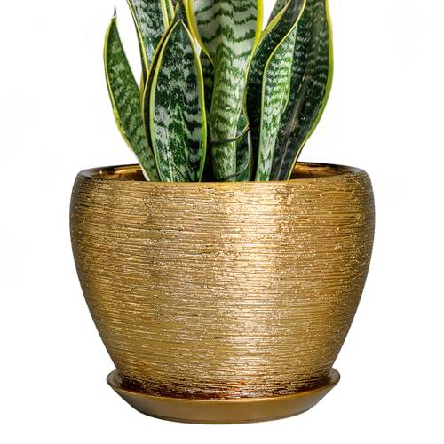 Size Medium Color Gold Ceramic Plant Pot 8 Inch - Planter for Outdoor Plants Indoor Plant Pot with Drainage Hole and Saucer Decorative Round Planter Modern Flower Pot for House Decor Gold