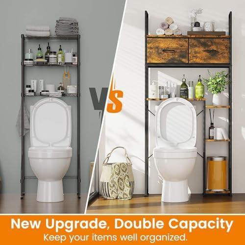Luxspire Bathroom Over Toilet Storage, 5-Tier Over The Toilet Shelf with 2 Drawers & Adjustable Shelves, Freestanding Space Saver Above Toilet Storage for Bathroom, Brown   Black