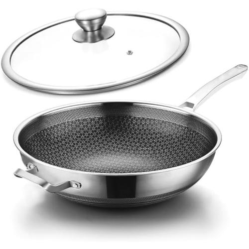 Size 14 Color silver Wok Pan,Hybrid Nonstick 14 Inch Wok with Lid,Induction Non Stick Stainless Steel Large Deep Woks&Stir-Fry Pans,Stay-Cool Handle Skillets,PFOA Free Cookware