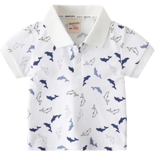 Size140/72 Color White WAPYPY Toddler Baby Summer Boys Polo T Shirt Collared Cartoon Print Button Polo Shirt Top Casual Sport Tee Kid Shark