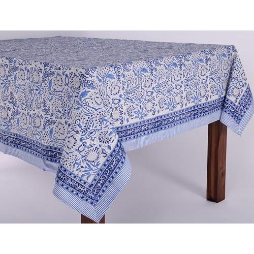 ATOSII Cotton Blockprint Rectangle Table Cloth, Indigo Bloom, Large
