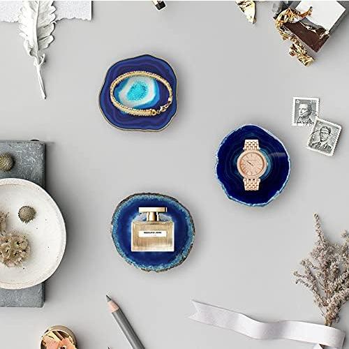 Set of 4 Color Blue Blue Agate Coasters Set of 4,Brazilian Geode Coasters for Drinks with Gold Rim(4-3.5),Natural Gem Stone Coasters Blue,Gemstone Cup Mat for Home Decor by Yougoals(4)