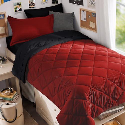 MUXHOMO 5 Pieces Twin XL Comforter Set, Reversible Bed in a Bag Twin XL Size, All Season Bedding Set with Comforter, Flat Sheet, Fitted Sheet, Pillowcases & Shams, Red & Black
