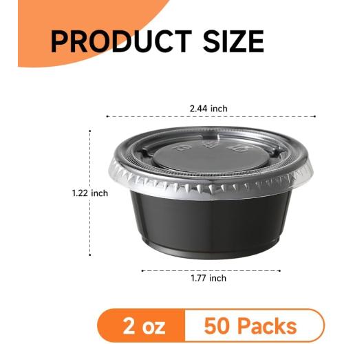 2oz Black Condiment Cups with Lids, (50 Pack) Jello Shot Cups, Dipping Sauce Cups, Portion Containers with Lids Ideal for Sauces
