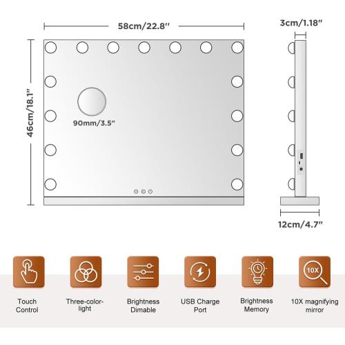 M MIVONDA Hollywood Vanity Mirror with Dimmable 15LED Bulbs Lights 3 Lighting Modes 2in1 Large Lighted Makeup Mirror for Desk and Wall with Plug-in and USB Charger Port