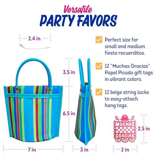 12 Mini Mercado Bags For Fiesta Mexicana Party Favors & Mexican Papel Picado Gift Tags