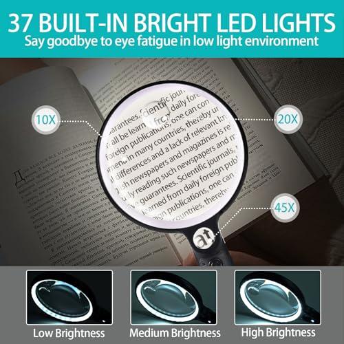 Large Magnifying Glass with 37 LED Light and Case, 10X 20X 45X Handheld