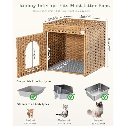 SETVSON Cat Litter Box Enclosure Furniture, Hidden PE Rattan, Natural | PE Rattan Kitty House with Top Fence, Fits Standard Litter Box, Included Litter Mat, 2 S-Hooks, Sturdy Metal Frame