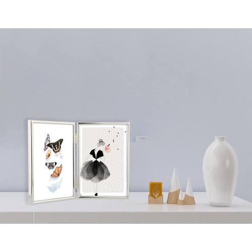 4x6'' Hinged Double Simply Silver Metal Picture Frame, Elegant Silver Plated Metal Photo Frames 4 x 6'' With Soft Touch Velvet Backing for Desktop
