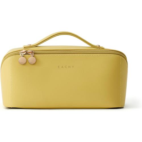 EACHY Travel Makeup Bag, Large Capacity Cosmetic Bag for Women, Waterproof PU Leather, Flat Open Portable Toiletry Bag for Skincare, Brushes & Travel Essentials