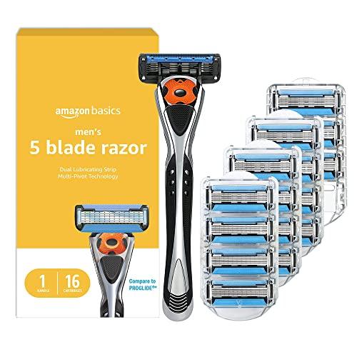 Amazon Basics 5-Blade MotionSphere Men's Razor with Dual Lubrication, Vitamin E, Precision Trimmer, 1 Handle & 16 Cartridges, Black