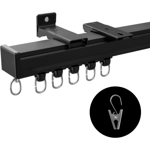 Ceiling Curtain Track Ceiling and Wall Mounted Heavy-Duty Curtains Rails Room Divider Curtains Shower RV Tracks Ceiling Sliding Curtain Rods With Clips,Black 12ft.
