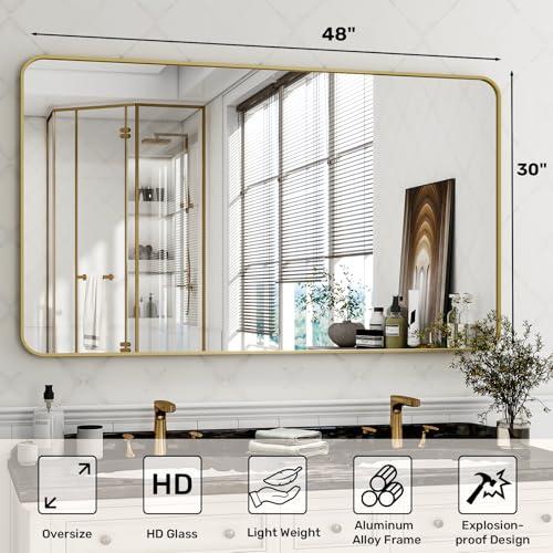 30 x 48 Inch Bathroom Mirror, Rounded Rectangular Vanity Mirror for Wall, Modern Mirror for Room Decor, Gold Framed Wall-Mounted Mirrors for Home Decor, Hangs Horizontally or Vertically