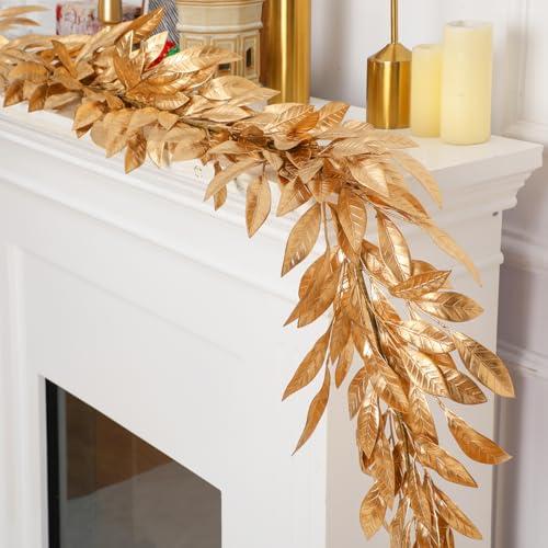 Jutom 6 Ft Gold Christmas Bay Leaf Garland Decoration Gold Bayleaf Garland for Christmas Fireplace Front Door Stairs Decoration Xmas Holiday Winter Engagement Birthday Wedding Supplies