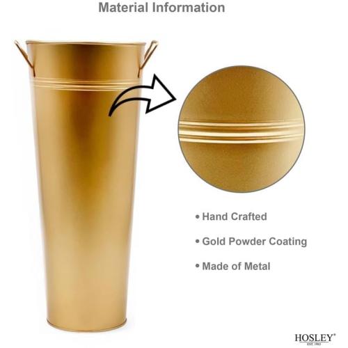 Hosley Set of 2 Gold Metal French Bucket with Handles & PVC Liner, 6 Dia x 15 H for Weddings, Parties, Country Picnics, Floral Arrangements, Tableware Storage, or Gardens - Rustic Farmhouse Décor