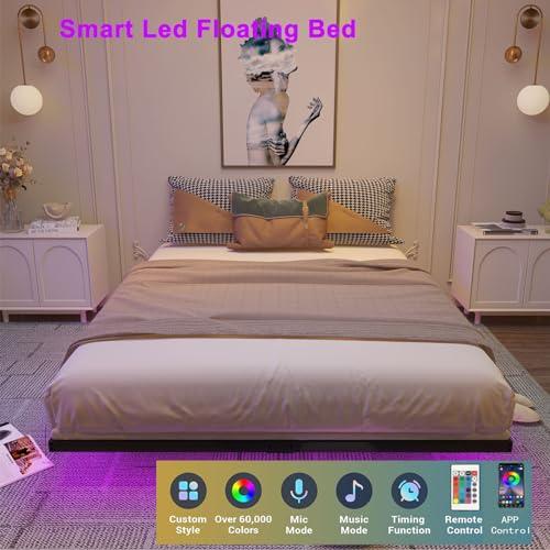 Floating Bed Frame King Size with Charging Station and LED Lights, Metal Platform Bed Frame, No Box Spring Needed, Easy Assembly, (King)