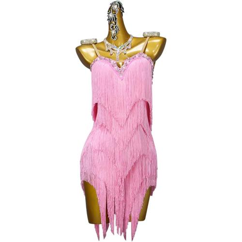 Large V Neck Professional Latin Dance Performance Dresses for Women Deco Fringe Dance Party Dress Latin Ballroom Dress